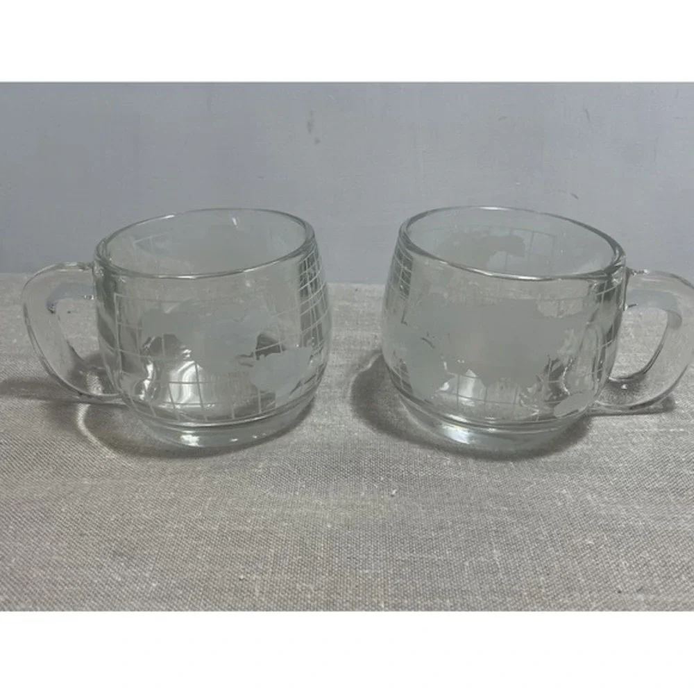 Nestle' Etched Glass World Globe/Map Coffee Mugs‎ Cups Vintage 1970 Set Of 2